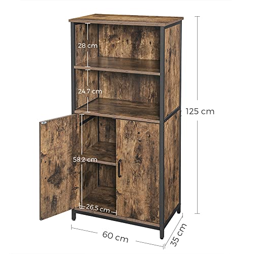 Floor Standing Cabinet, Storage Cabinet, Kitchen Cupboard with 2 Open Compartments, 1 Adjustable Shelf Behind Doors, Multifunctional, Industrial Style, Rustic Brown and Black