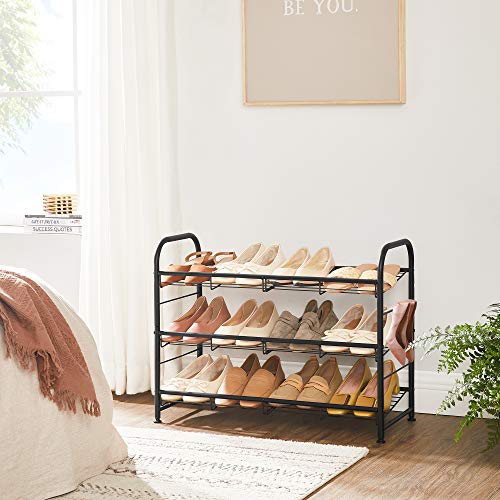 3-Tier Shoe Rack, Stackable Shoe Storage Organiser, Hold up to 12 Pairs, Steel, 68.5 x 27.5 x 49.5 cm, for High Heels, Trainers, Slippers, in the Entryway, Black