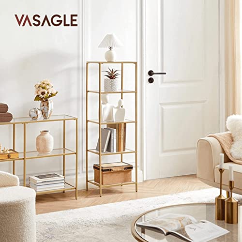 Shelf Unit, 5-Tier Ladder Shelving Unit, Slim Glass Shelf for Bedroom, Bathroom, Home Office, Tempered Glass, Steel Frame, Gold Colour