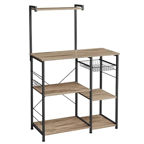 Kitchen Shelf, Standing Shelf with Metal Basket, Baker's Rack with 6 S-Hooks and Shelves, Microwave Shelf, Spice Rack, for Pots and Pans, Industrial Design, Oak Brown/Black