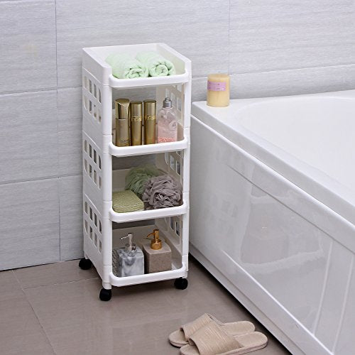 4 Tier Plastic Rolling Cart PP Storage Trolley with Castors for Kitchen Bathroom Utility and Organisation Cart White