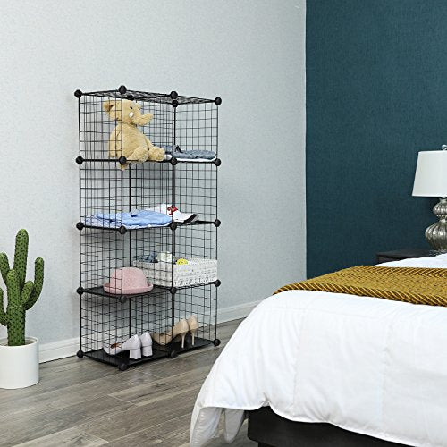 9-Cube Metal Wire Storage Rack, Interlocking Shelving Unit with Metal Wire Shelves, PP Plastic Sheets for Book Shoes Toys Clothes Tools, in Living Room, 93 x 31 x 93 cm, Black