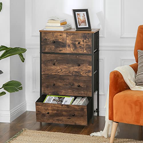 Chest of Drawers, Fabric 5-Drawer Storage Organiser Unit, Wooden Front and Top, Industrial Style Dresser Unit, for Living Room, Hallway, Nursery, Rustic Brown and Black