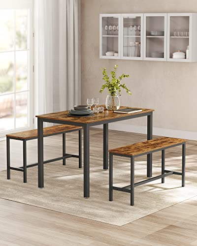 Dining Table with 2 Benches, 3 Pieces Set, Kitchen Table of 110 x 70 x 75 cm, 2 Benches of 97 x 30 x 50 cm Each, Steel Frame, Industrial Design, Rustic Brown and Black