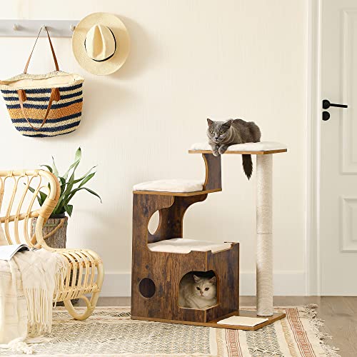 86 cm Cat Tree, Medium Cat Tower with 3 Beds and Cave, Cat Condo Made of MDF with Wood Veneer, Sisal Post and Washable Faux Fur, Vintage, Rustic Brown and White