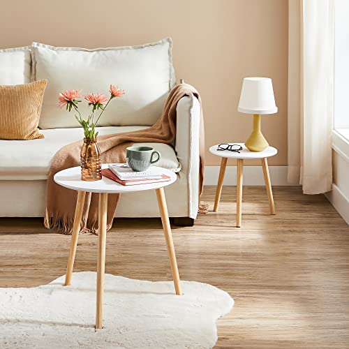 Nesting Side Table, Round End Table, Set of 2, Scandinavian Minimalist Coffee Table with Solid Pine Wood Legs, White and Natural