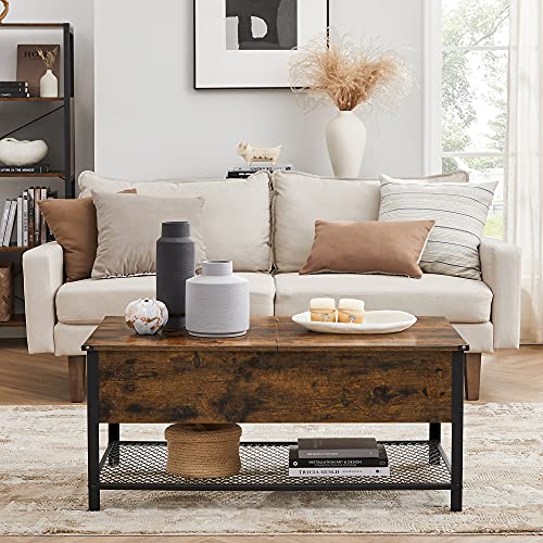 Coffee Table, Living Room Table with Flip Lid, Hidden Storage Compartment and Mesh Shelf, Steel Frame, for Living Room, Industrial, 100 x 55 x 47 cm, Rustic Brown and Black