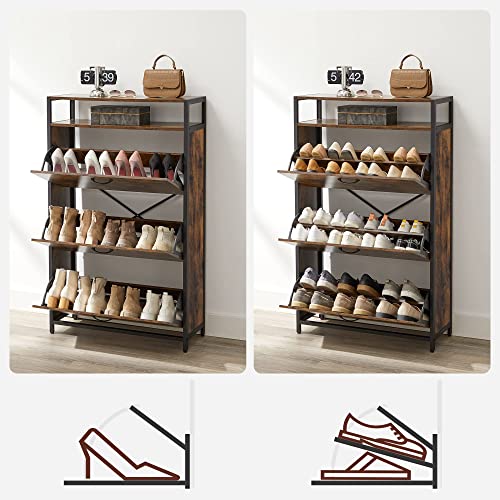 Shoe Cabinet with 3 Flaps, Shoe Rack, in the Hallway, for 15-24 Pairs of Shoes, Space-Saving, 80 x 30 x 130 cm, Vintage Brown/Black