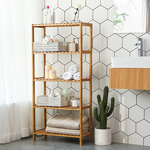 Bathroom Kitchen Storage Bamboo 5 Shelves Adjustable Floor Height Flower Stand Book Shelf natural, 60 x 26 x 130 cm