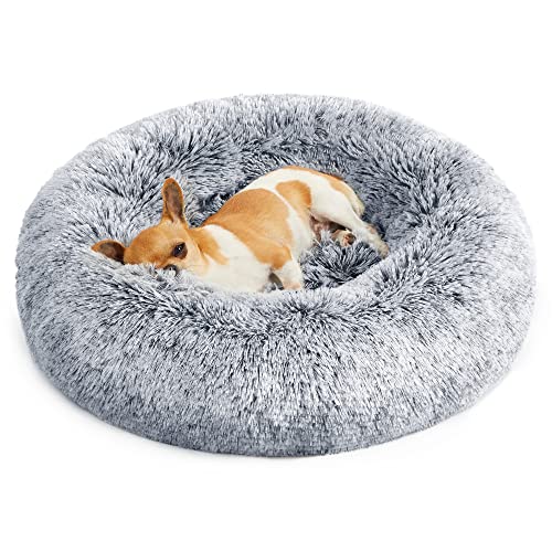 Dog Bed, Donut Cat Bed, Fluffy Calming Pet Bed with Removable, Washable Cover, Soft Long Plush, 60 cm, Grey