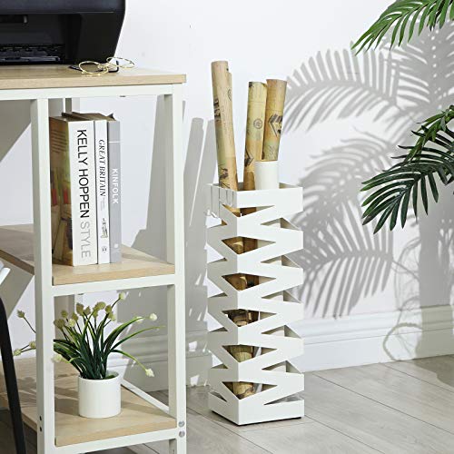 Metal Umbrella Stand, Square Umbrella Holder Rack, with 4 Hooks and a Removable Drip Tray, 15.5 x 15.5 x 49 cm, White