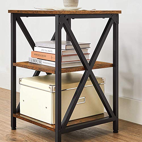 Side Table, End Table with X-Shape Steel Frame and 2 Storage Shelves, Night Table, Farmhouse Industrial Style, 40 x 40 x 60 cm, Rustic Brown and Black