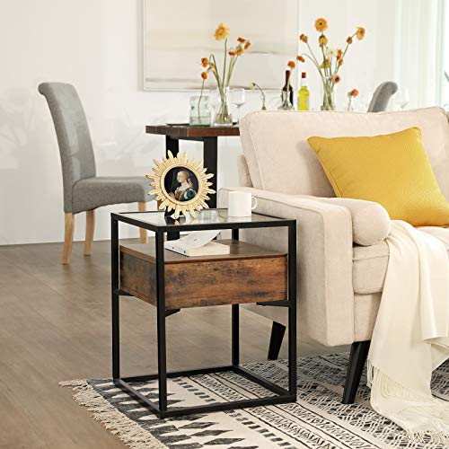 Side Table, Tempered Glass End Table with Drawer and Shelf, Bedside Table, Industrial in Living Room Lounge Foyer, Stable Steel Frame, Rustic Brown and Black