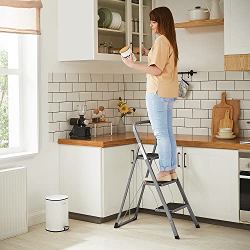 3-Step Ladder, Folding Ladder, 20 cm Wide Steps Covered with Non-Slip Rubber, Rubber Feet, Handrail, Max. Static Load 150 kg, Steel, Grey and Black