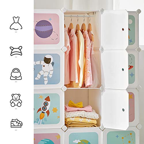 Portable Clothes Closet, DIY Wardrobe for Hanging Clothes, Modular Storage Organiser for Children with 16 Cubes, 4 Hanging Rails, 123 x 41 x 123 cm, White