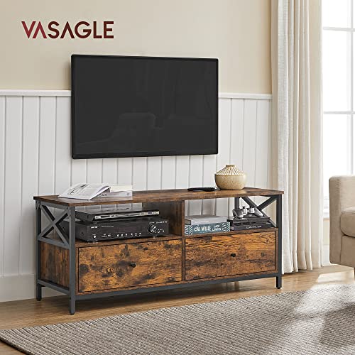 TV Cabinet, TV Unit for 55-Inch TV, Living Room, with 2 Drawers, 2 Storage Shelves, 120 x 40 x 50 cm, Steel Frame, Industrial Style, Rustic Brown and Black