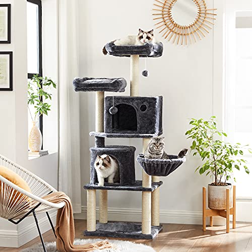 Cat Tree, Tall Cat Tower, 2 Caves, Smoky Grey