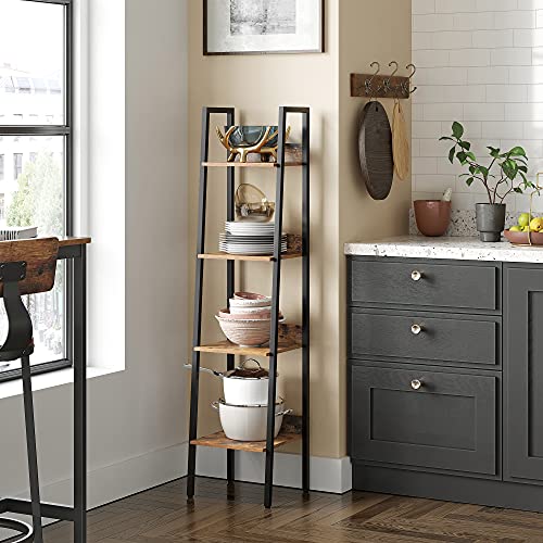 Ladder Shelf, 4-Tier Home Office Bookshelf, Freestanding Storage Shelves, for Living Room Bedroom Kitchen, Steel Frame, Easy to Assemble, Industrial, Rustic Brown and Black