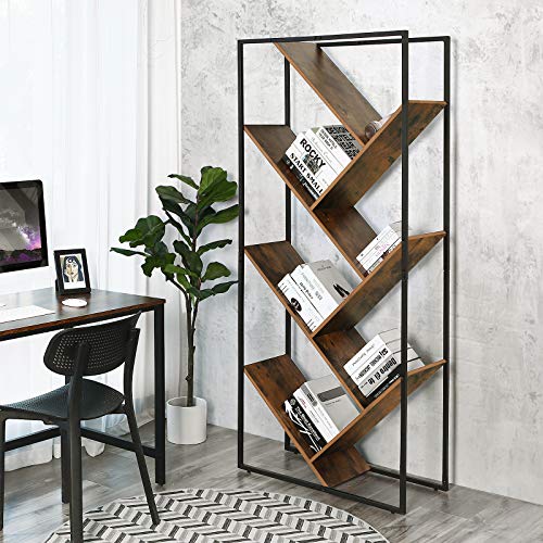 Bookcase, Industrial Tree-Shaped Bookshelf, Floor Standing Ladder Shelf in Living Room, Room Divider, Easy Assembly, 178.5 cm Tall, Steel, Rustic Brown