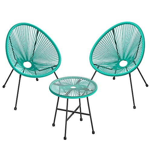 Garden Patio Furniture Set 3 Pieces, Acapulco Chair, Outdoor Seating, Glass Top Table and 2 Chairs, Indoor and Outdoor Conversation Set, Turquoise