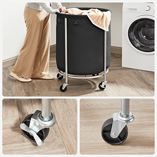 Laundry Sorter, Laundry Basket on Wheels, 170 Litre Round Laundry Bin with Steel Frame, Removable Laundry Bag and 4 Wheels (2 with Brakes), Black/Silver