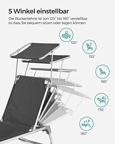 Sun Lounger, Sunbed, Reclining Sun Chair with Sunshade, Adjustable Backrest, Foldable, Lightweight, 55 x 193 x 31 cm, Load Capacity 150 kg, for Garden, Patio, Smoky Grey