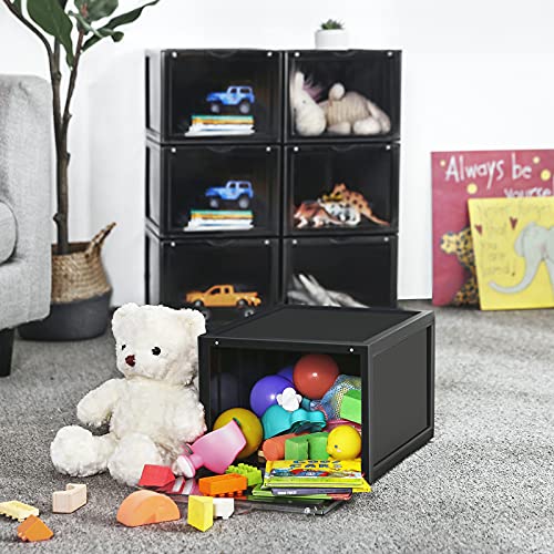 Shoe Box, Stackable Shoe Organiser, Plastic Shoe Storage with Clear Door, Easy to Assemble, Set of 6, 28 x 36 x 22 cm, Sizes up to UK 11, Black