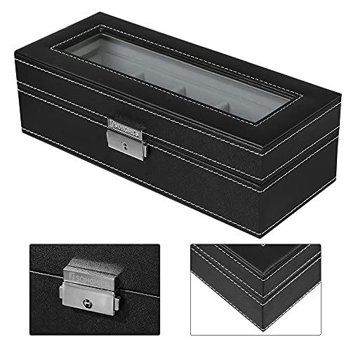 Watch Box with 5 Compartments, Glass Lid, Watch Box with Soft Velvet Lining, Display and Storage of Watches, with Lock and Keys