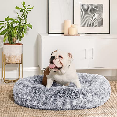 Dog Bed, Donut Cat Bed, Fluffy Calming Pet Bed with Removable, Washable Cover, Soft Long Plush, 80 cm, Grey