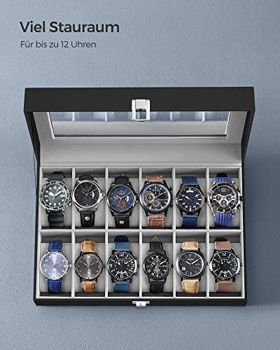 Watch Box with 12 Slots, Watch Case with Glass Lid, Watch Display Box with Removable Watch Pillows, Metal Clasp, Gift Idea, Black Synthetic Leather, Grey Lining