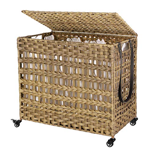 Handwoven Laundry Basket with Lid, Rattan-Style Laundry Hamper with 3 Separate Compartments, Handles, Removable Liner Bags, for Living Room, Bathroom, Laundry Room, Natural