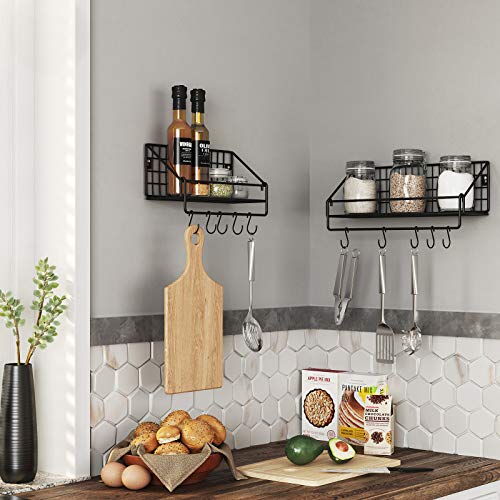 Industrial Metal Wall Shelves, Each Loads up to 15 kg, Pack of 2 Kitchen Shelves with 10 Hooks, for Bedroom Living Room, 30 x 12 x 13 cm, 40 x 12 x 13 cm, Black