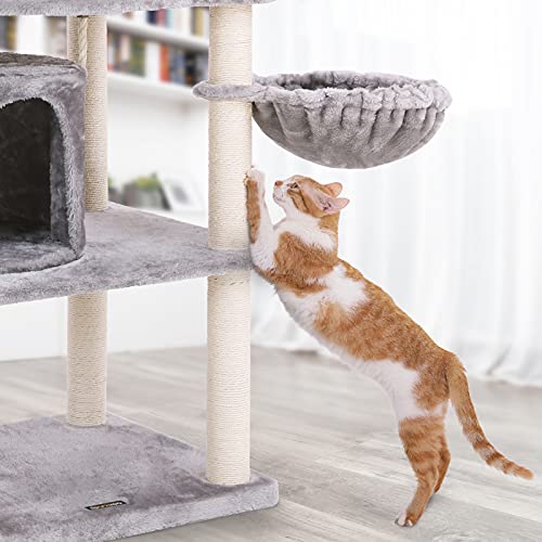 Cat Tree, Tall Cat Tower, 2 Caves, Light Grey