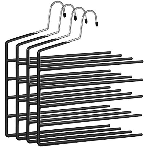 Trousers Hangers, 5-Bar Clothes Hangers, Set of 4, Space-Saving, Open-Ended, Non-Slip Trousers Organisers for Jeans Towels Scarves, Black