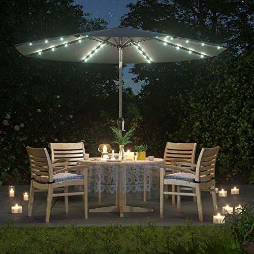 3 m Garden Parasol Umbrella with Solar-Powered LED Lights, Sunshade with UPF 50+ Protection, Tilting, Crank Handle for Opening Closing, Base Not Included, Grey