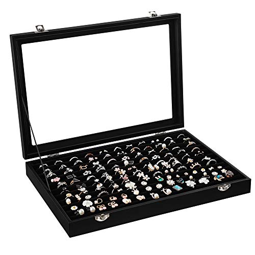 Jewellery Box with Glass Lid, for Rings, Earrings, Cufflinks, Ring Storage Box Holds up to 100 Rings, Display Case, Black