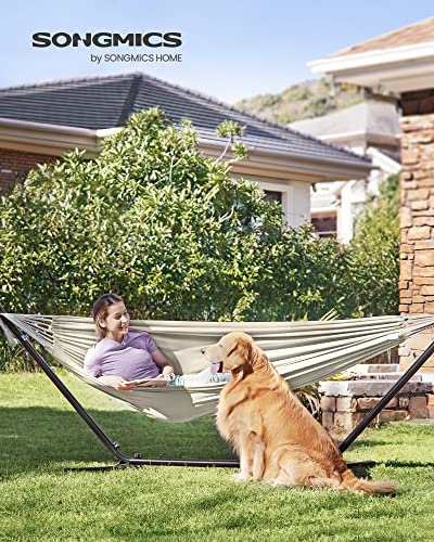 Hammock with Stand, 210 x 150 cm Hammock, 5 Adjustable Heights, Portable Hammock with Metal Frame, Load Capacity 240 kg, Patio, Garden, Yard, Black Stand and Beige Hammock