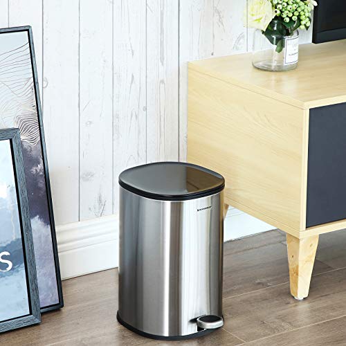 Rubbish Bin, 5 L Bathroom Bin, Steel Pedal Bin, with Inner Bucket, Soft-Close Lid, and Handle, for Bathroom, Toilet, Silver and Black