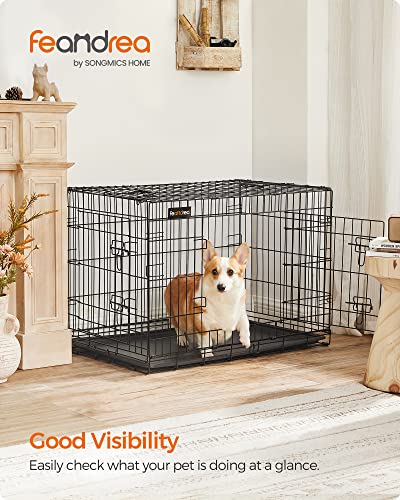 Dog Crate, Foldable, 92.5 cm Long, 2 Doors, L, Black