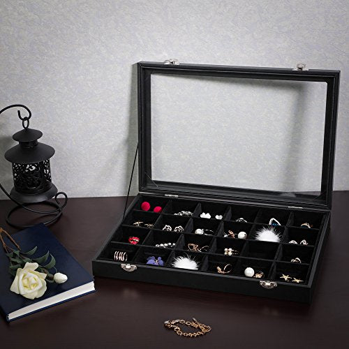 Jewellery Box, Jewellery Organiser with 24 Compartments, Ring Display Case with Velvet Lining, Jewellery Display Boxwith Glass Lid and Closure, Gift Idea, Black