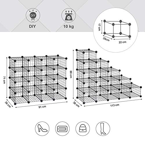 Shoe Rack, Modular DIY Storage Unit Metal Wire Grid, Interlocking Shoe Organiser for Closet Hallway Bedroom, Includes Rubber Mallet and Anti-Tipping Straps, Black