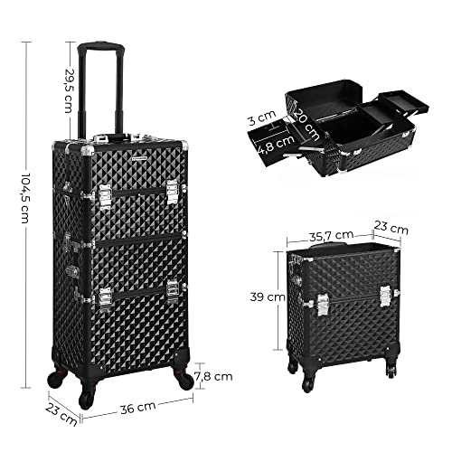 Professional Makeup Case, Travelling Beauty Trolley, Large Cosmetic Trolley for Hairdressers, Lockable Rolling Makeup Case with Universal Casters, Lid and Shoulder Strap, Black