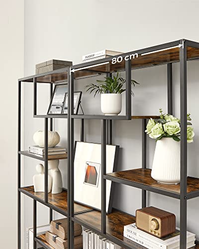 Bookshelf, 6-Tier Bookcase, Geometric Display Shelf, Standing Storage Shelf, 30 x 80 x 180 cm, for Study, Office, Living Room, Bedroom, Kitchen, Rustic Brown and Black