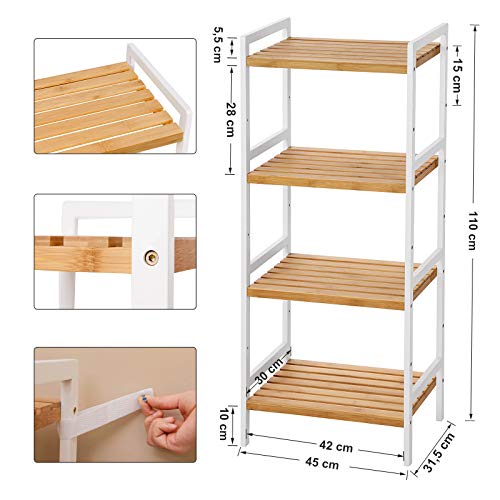 Bamboo Shelf, Kitchen Shelving, Bathroom Shelf, Bookcase, 4 Shelves 45 x 31.5 x 110 cm Ideal for Bathroom, Kitchen, Living Room, Bedroom, Balcony, Natural White