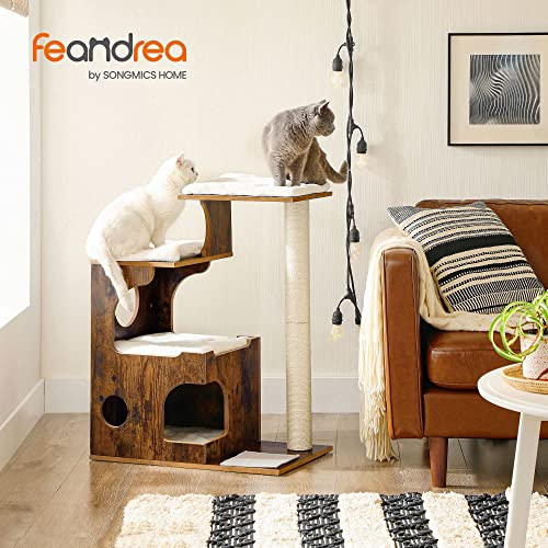 86 cm Cat Tree, Medium Cat Tower with 3 Beds and Cave, Cat Condo Made of MDF with Wood Veneer, Sisal Post and Washable Faux Fur, Vintage, Rustic Brown and White