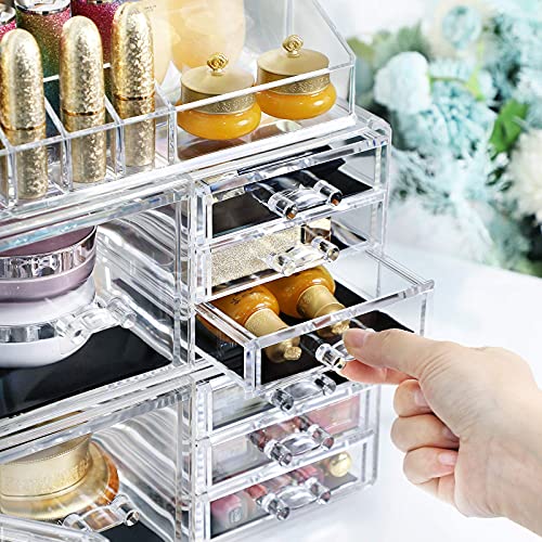 4 in 1 XXL Makeup Organiser, Makeup Box with 11 Drawers and 15 Compartments in Different Sizes, Non-Slip Pads, for Cosmetics and Jewellery, Transparent