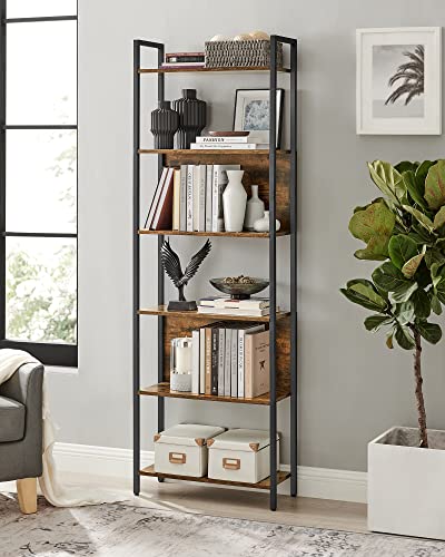 Bookcase, Shelving Unit with 6 Shelves, Bookshelf, Steel Structure, for Living Room, Hallway, Office, Industrial Style, Rustic Brown and Black