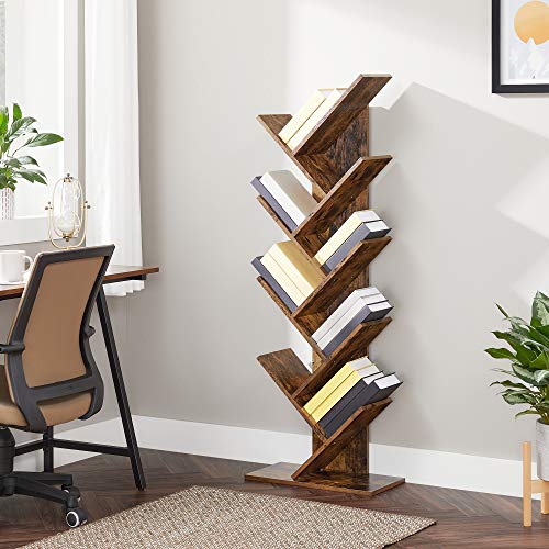 Tree Bookshelf, 8-Tier Floor Standing Bookcase, with Wooden Shelves for Living Room, Home Office, Rustic Brown