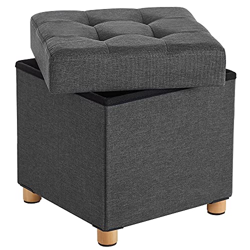 Collapsible Cube Ottoman Storage and Foot Stool with Wooden Feet and Lid Dark Grey