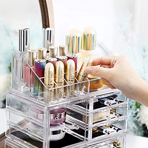 4 in 1 XXL Makeup Organiser, Makeup Box with 11 Drawers and 15 Compartments in Different Sizes, Non-Slip Pads, for Cosmetics and Jewellery, Transparent